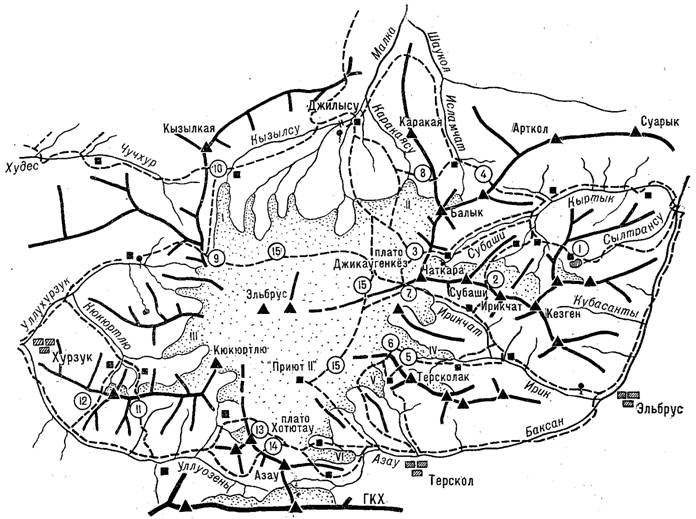 Эльбрус и его отроги (схема I района) Ледники: I – Уллучиран; II – Кынгырсырт; III – Кюкюртлю; IV – Ирик; V – Терскол; VI – Бол. Азау