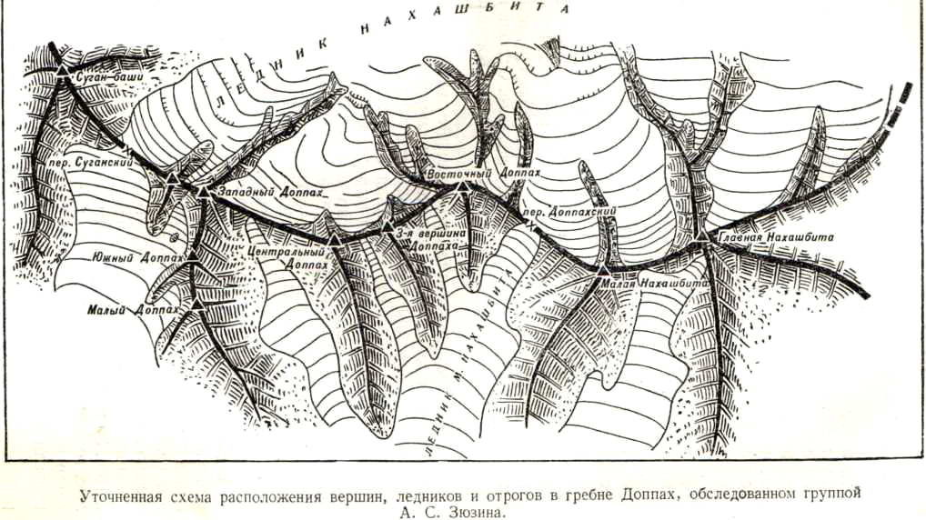 Уточнённая схема расположения вершин, ледников и отрогов в гребне Доппах, обследованном группой А. Зюзина